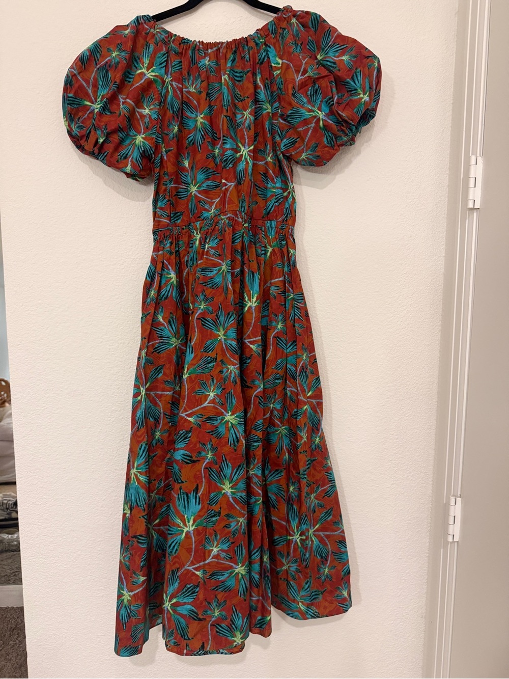 Ulla Johnson Rust Tropical Print Puff Sleeve Midi Dress - Picture 4 of 5